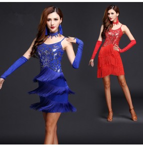 Red royal blue sequins pattern fringes tassels women's ladies competition stage performance latin ballroom dance dresses outfits